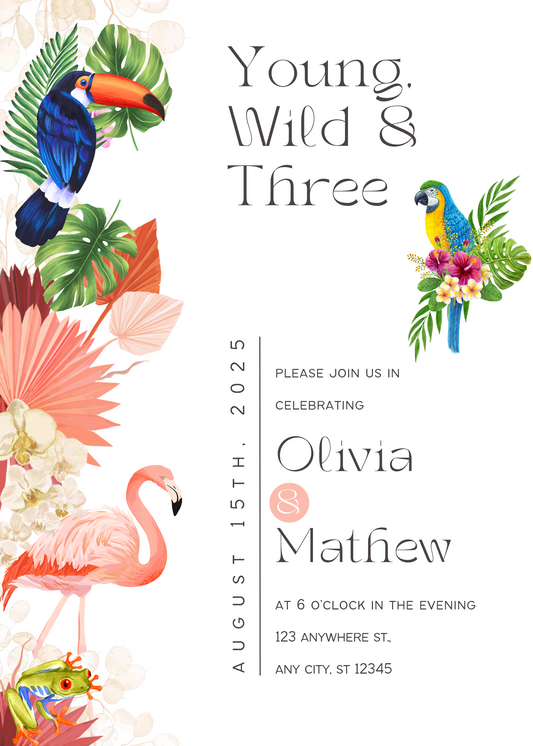 Young, Wild & Three Birthday Invitation