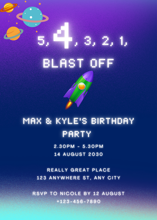 5,4,3,2,1, Blast Off Birthday Invitation